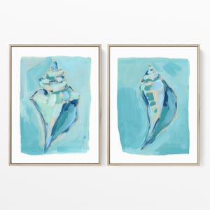 Tropical Shell Diptych | Turquoise Aqua Seashells for Coastal Bedroom or Sunroom | &quot;Shoreside Shells -  Set of 2&quot; – Art Print or Canvas