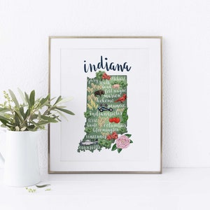 Indiana Map Home State Prints Indianapolis Hoosier State Gift Illustration IN Wall Art Print or Canvas