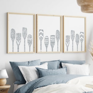 Lake House Decor Paddle Print Set | Modern Oar Art for Lakehouse Coastal Triptych | &quot;Lake House Oar Paddles&quot; - Set of 3 Art Prints or Canvas