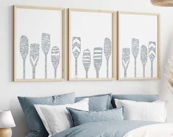 Lake House Decor Paddle Print Set | Modern Oar Art for Lakehouse Coastal Triptych | &quot;Lake House Oar Paddles&quot; - Set of 3 Art Prints or Canvas