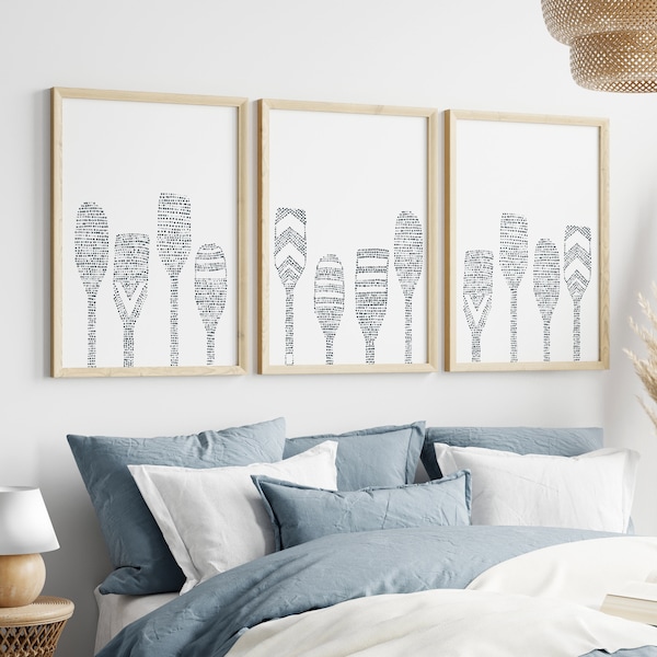 Lake House Oar Paddle Artwork | Coastal Triptych Set of 3 - Art Prints or Canvases
