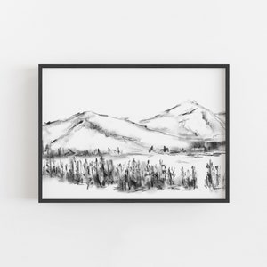 Mountain Sketch Black and White Winter Scene Charcoal Modern Cabin Decor Forest | "Mountain Landscape Sketch" - Art Print or Canvas