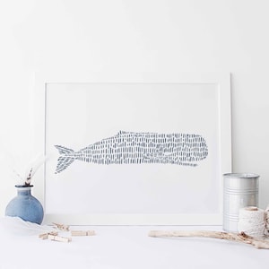 Coastal Decor | Nautical Wall Art with Whale Artwork in Slate Blue for Hamptons Style | "Sperm Whale Illustration" - Art Print or Canvas
