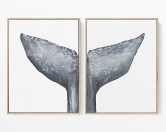 Whale Tail Print Modern Nautical Decor Slate Blue Whale Painting Diptych | "Whale Tail Painting, No. 2" - Set of 2 - Art Prints or Canvases