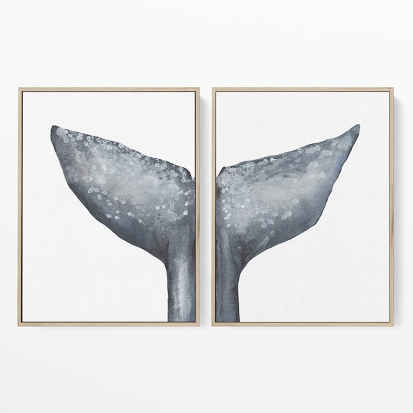 Whale Tail Print Modern Nautical Decor Slate Blue Whale Painting Diptych | "Whale Tail Painting, No. 2" - Set of 2 - Art Prints or Canvases