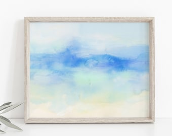 Coastal Watercolor Print Turquoise Blue and Tan Landscape Artwork Beach House Decor Wall Art | "Breezy Days" - Art Print or Canvas