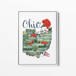Ohio State Map Landmark Drawing | OH Columbus Cincinnati Gift Idea | Art Print or Canvas