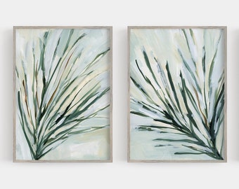 Pine Branch Painting Set Modern Woodland Winter Forest Artwork Diptych | "Pine Needles Painting" - Set of 2 - Art Prints or Canvases