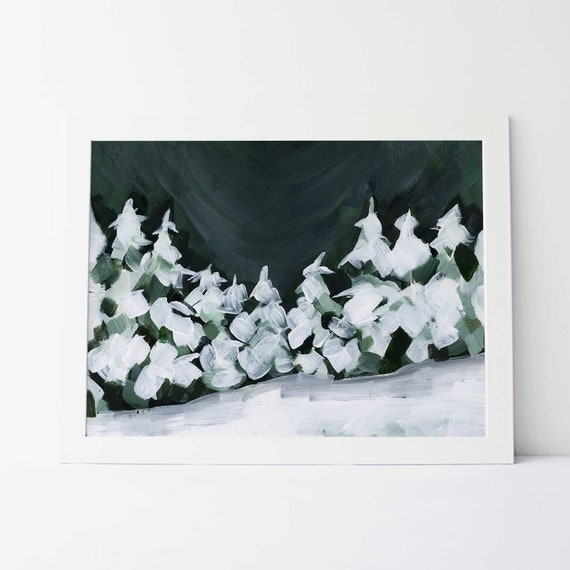 Winter Snow Painting | Pine Tree Art with Snowcapped Evergreens in Dark Green & White | "Night Sky Snowscape" - Art Print or Canvas