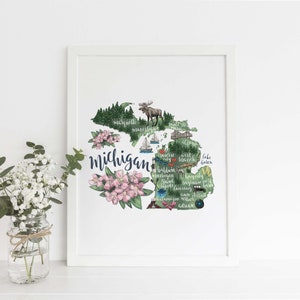 Michigan State Map Gift | Illustration of Landmarks for MI Wall Art | Art Print or Canvas