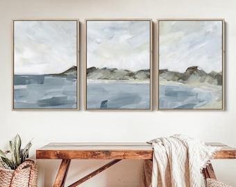 Coastal Landscape Wall Art Coastline Painting Beach Decor Shore Neutral Triptych | "Shoreline Cove" - Set of 3 - Art Prints or Canvases