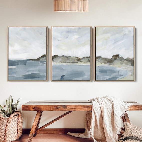 Coastal Landscape Wall Art Coastline Painting Beach Decor Shore Neutral Triptych | "Shoreline Cove" - Set of 3 - Art Prints or Canvases