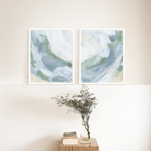 Blue Abstract Coastal Art | Ocean Painting for Beach House Decor in Minimalist Diptych | &quot;Churning Tides&quot; – Set of 2 – Art Prints or Canvas