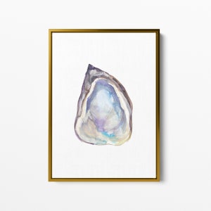 May include: A watercolor painting of an oyster shell with a purple, blue, and white interior. The shell is painted in a realistic style and is set against a white background.