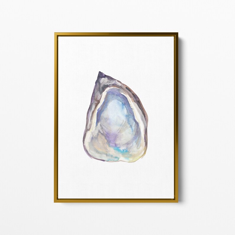 May include: A watercolor painting of an oyster shell with a purple, blue, and white interior. The shell is painted in a realistic style and is set against a white background.