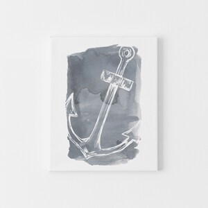 May include: A white anchor illustration on a gray watercolor background. The anchor is a nautical symbol of hope and stability.
