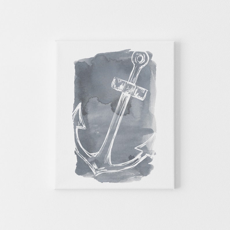 May include: A white anchor illustration on a gray watercolor background. The anchor is a nautical symbol of hope and stability.