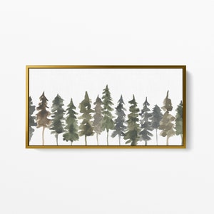 Opera d'arte con pino / Decorazione foresta scandinava, stampa invernale con bosco nordico / "Pine Tree Line Watercolor Panoramic" - Stampa artistica o tela