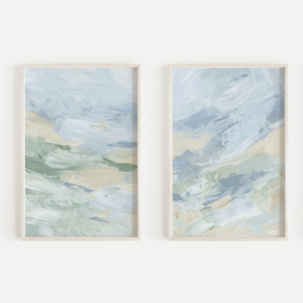 Coastal Wall Art Beach Artwork Light Pale Blue Green Grandmother Decor 2 Piece Diptych | "Spring Seas" - Set of 2 - Art Prints or Canvases