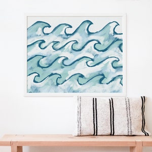 Ocean Wave Print | Modern Beach House Nursery Decor in Blue & White Wall Art | &quot;Roaring Seas&quot; - Art Print or Canvas