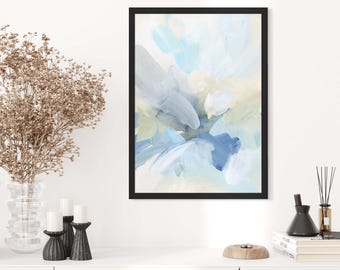 Lichtblauw abstract schilderij | Neutrale muurkunst voor kantoorinrichting, eigentijds-moderne stijl | "Fogged In Sunrise": kunstdruk of canvas