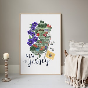 Ilustração do mapa do estado de Nova Jersey | Decoração do estado de NJ Gift & Home Garden para arte de parede | Impressão de arte ou tela