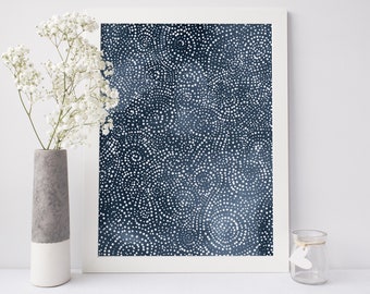 Starry Night Watercolor Blue and White Abstract Painting Minimalist Trendy Decor Art Print or Canvas