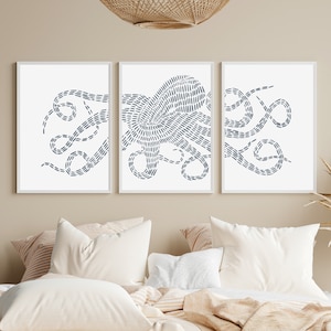 Octopus Print Slate Blue & White Nautical Decor Beach House Triptych | "Octopus Kraken Illustration" - Set of 3 - Art Prints or Canvases