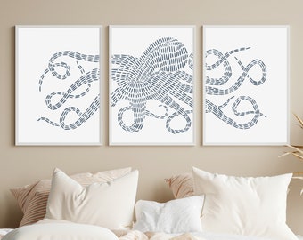 Octopus Print Triptych | Slate Blue & White Nautical Decor for Beach House | "Octopus Kraken Illustration" - Set of 3 Art Prints or Canvases