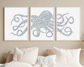 Octopus Print Slate Blue & White Nautical Decor Beach House Triptych | "Octopus Kraken Illustration" - Set of 3 - Art Prints or Canvases