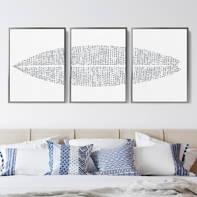 May include: Three framed prints with a white background and a gray abstract design of a series of dots forming a curved shape.