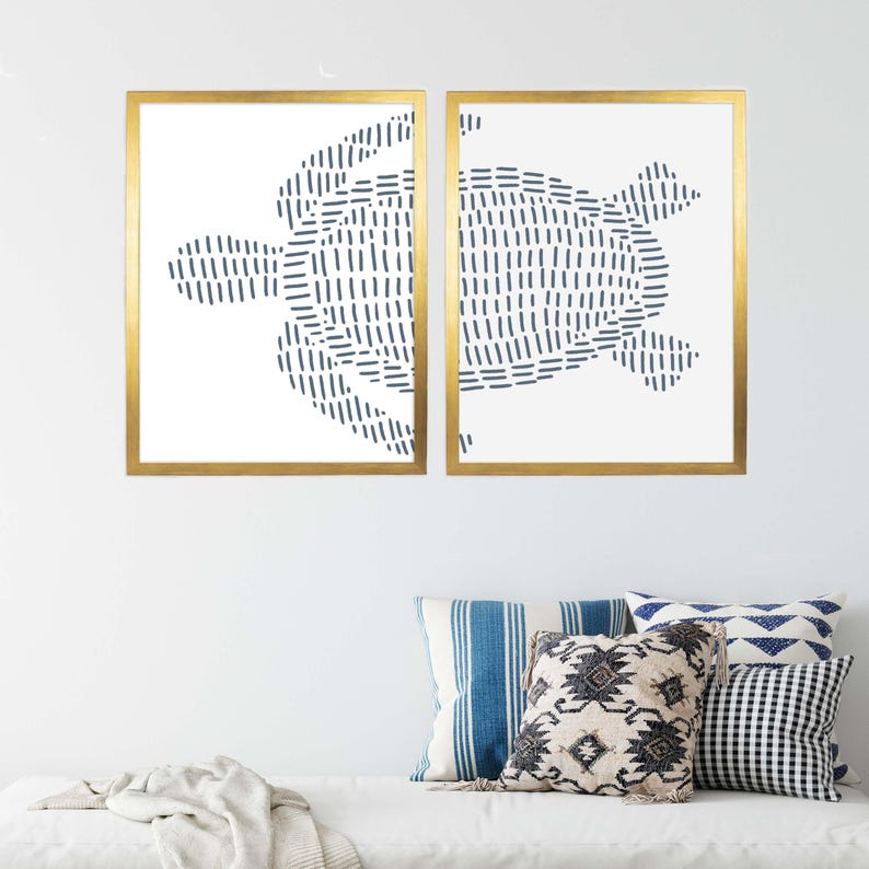 Sea Turtle Print Set | Modern Beach House Decor & Ocean-Inspired Diptych Art | "Sea Turtle Illustration" – Set of 2 – Art Prints or Canvases image 8