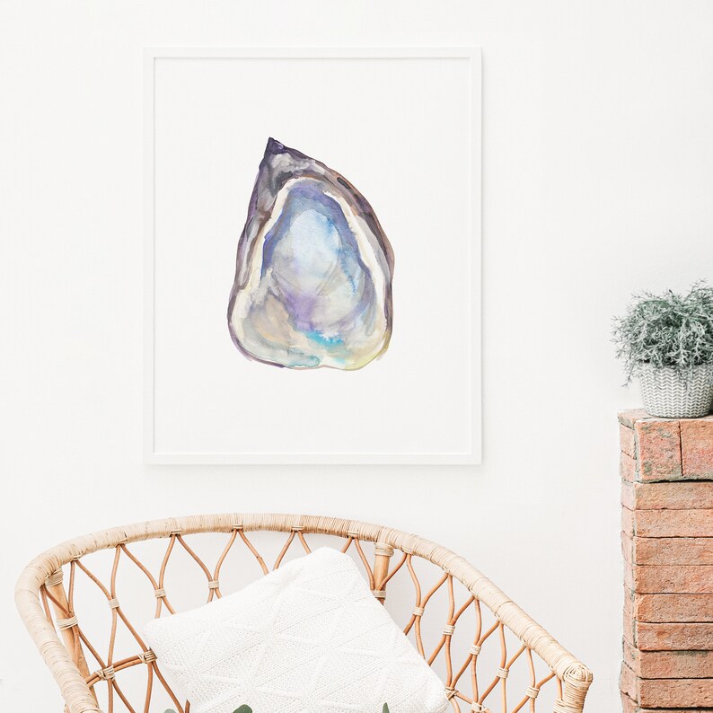 May include: A watercolor painting of a purple and blue seashell with a white background.
