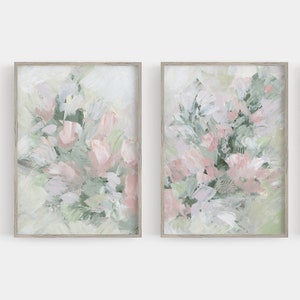 Pink & Green Floral Farmhouse Botanical Modern Abstract Chic Wall Decor | "Botanicals of the Knoll" - Set of 2 - Art Prints or Canvases