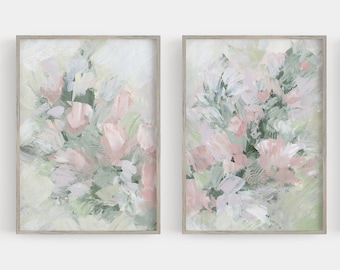 Pink & Green Floral Farmhouse Botanical Modern Abstract Chic Wall Decor | "Botanicals of the Knoll" - Set of 2 - Art Prints or Canvases