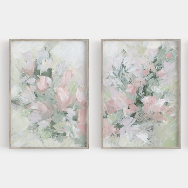Roze & groene bloemenboerderij botanische moderne abstracte chique wanddecoratie | "Botanicals of the Knoll" - Set van 2 - Kunstafdrukken of doeken