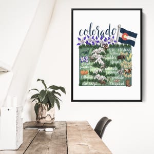 Carte de l'état du Colorado | Art illustré emblématique du CO, cadeau pour ville natale pour Denver, Colorado Springs ou Boulder | Impression d'art mural ou toile