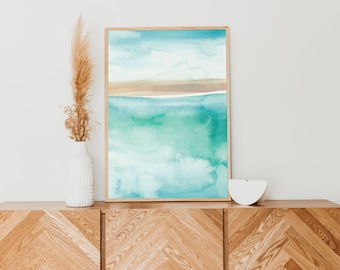 Watercolor Beach Painting Modern House Coastal Bathroom Poster Ocean Abstract Wall Art | "Morning and the Seascape"  - Art Print or Canvas