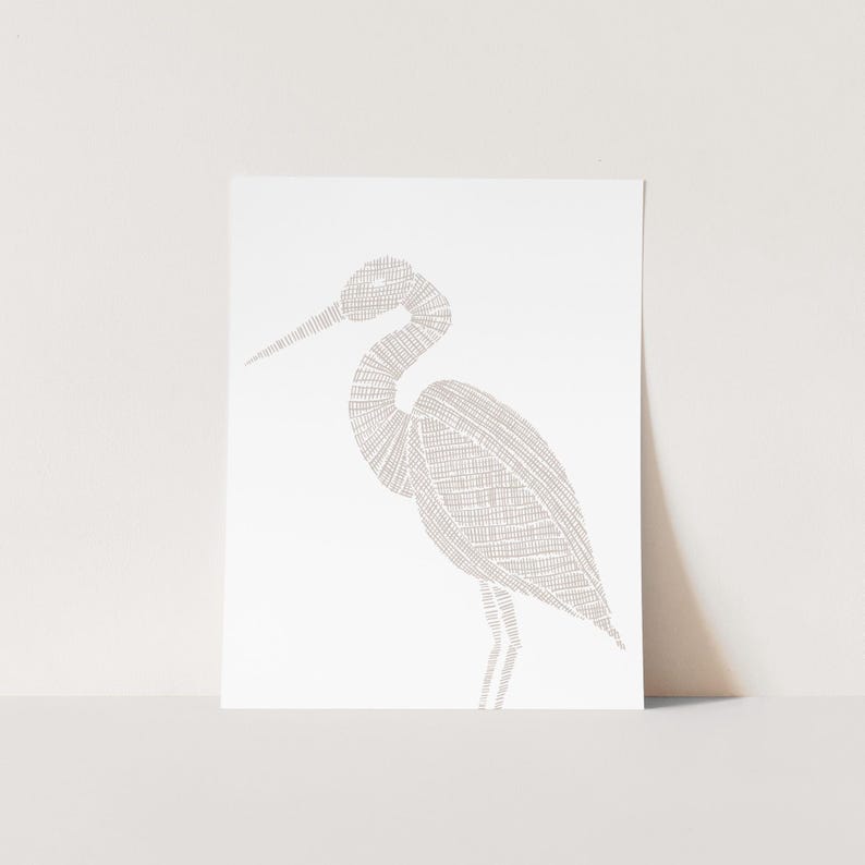 May include: A line drawing of a heron in a light gray color. The heron is depicted in a standing position with its head turned to the side.
