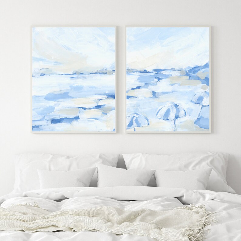 Beach Wall Art Coastal Painting Blue and White Modern - Etsy