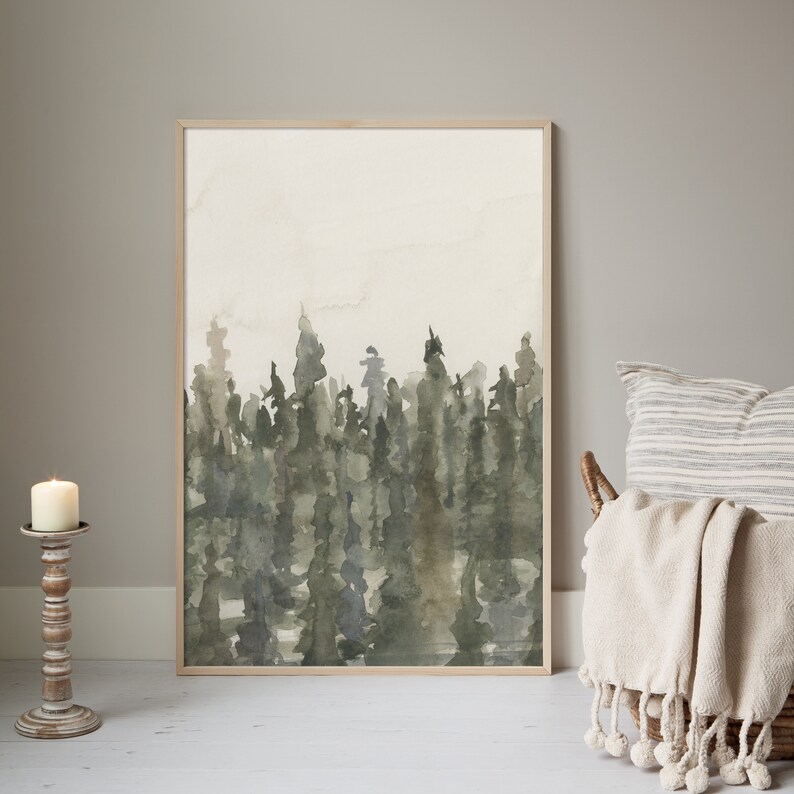 Forest Painting Tree Line Art Print Ethereal Fog Misty Woodland Giclee Art Forest Watercolor Landscape, No. 4 Art Print or Canvas image 6