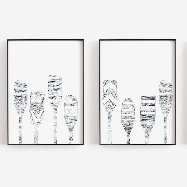 Set of 2 Paddle Prints Oar Decor Modern Nautical Lake House Artwork Diptych | "Lake Paddle Boating Oars" - Set of 2 - Art Prints or Canvases