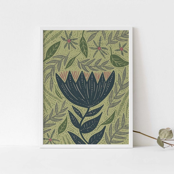 Whimsical Bohemian Floral Illustration Green Blue Boho Scandinavian Inspired Wall Art | "Whimsical Wildflower" - Art Print or Canvas