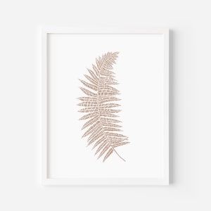 May include: An illustration of a brown fern leaf against a white background. The fern leaf is made up of many small lines, giving it a textured appearance.