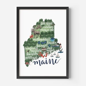May include: A green and blue illustration of the state of Maine with the names of cities and towns written on it. The text includes: fort kent, caribou, presque isle, millinocket, lincoln, rumford, bangor, bar harbor, augusta, lewiston, portland, and maine.