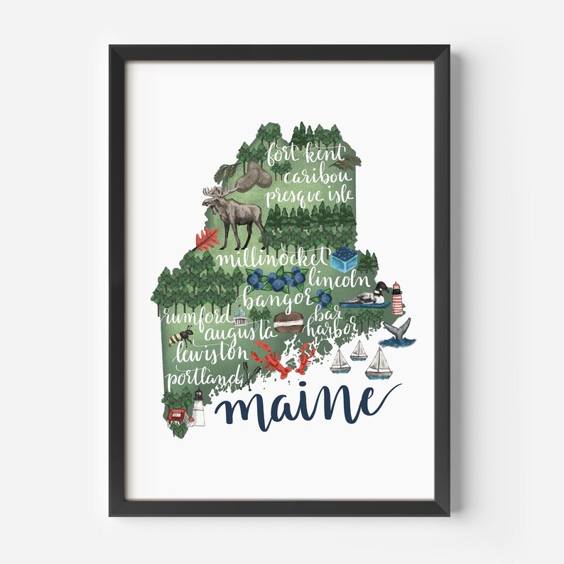 May include: A green and blue illustration of the state of Maine with the names of cities and towns written on it. The text includes: fort kent, caribou, presque isle, millinocket, lincoln, rumford, bangor, bar harbor, augusta, lewiston, portland, and maine.