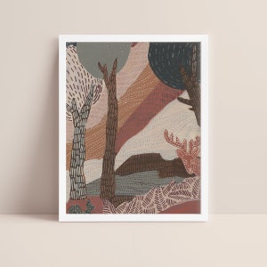 May include: A digital illustration of a forest scene with trees, a deer, and a blue sky. The colors are muted and earthy, with shades of brown, red, and blue.