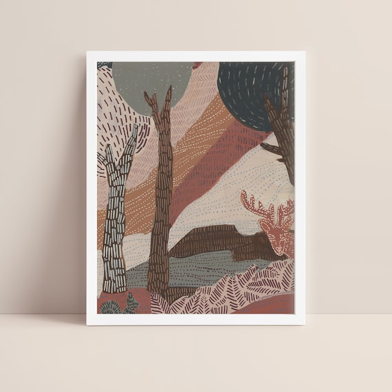 Boho Woodland Painting | Trees in Burnt Orange Tones, Forest Art Print for Bohemian Decor | "Woodland Boho Discovery" - Art Print or Canvas