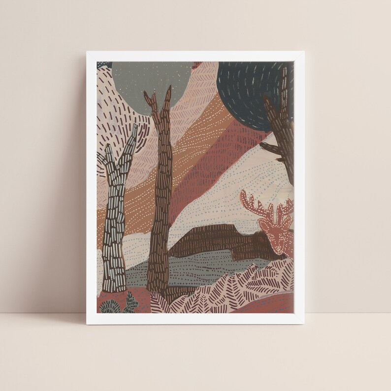 May include: A digital illustration of a forest scene with trees, a deer, and a blue sky. The colors are muted and earthy, with shades of brown, red, and blue.