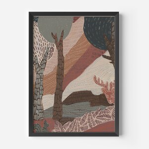 May include: Abstract art print featuring a stylized forest scene with trees, a deer, and a colorful background. The print is framed in black.